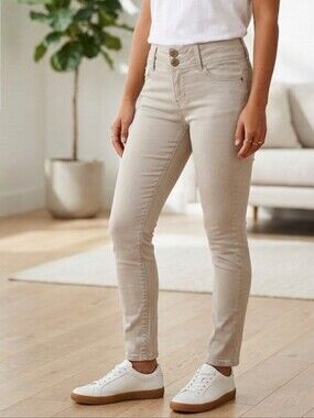 MICHAEL KORS Tan Skinny Jeans, Double Gold Tone Button, Zip Closure